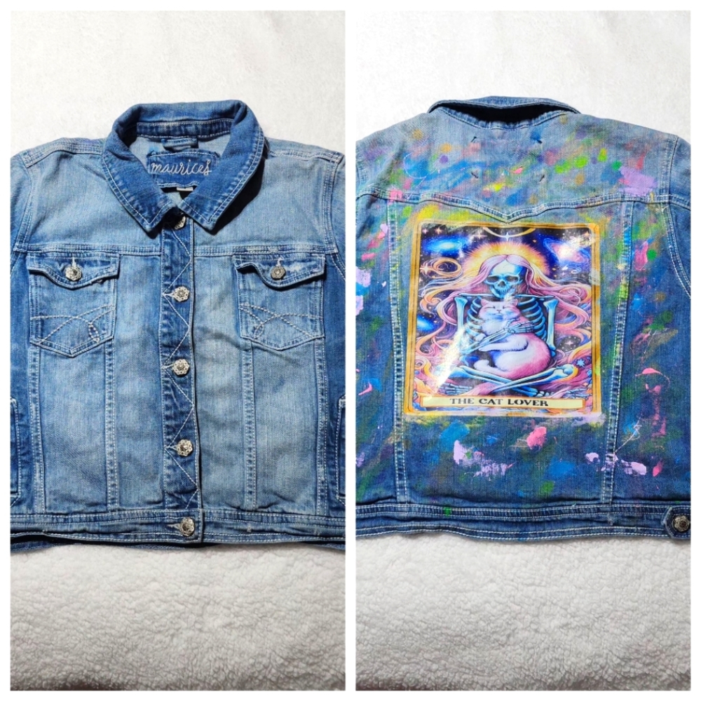 Maurices Upcycled Skull Cat Lover Splattered Paint Denim Jacket Size Large